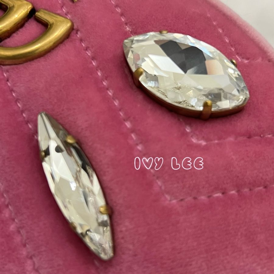 Gucci GG Marmont 胸包 腰包 粉色絲絨 水晶鑽飾 476434 正品 二手精品-5