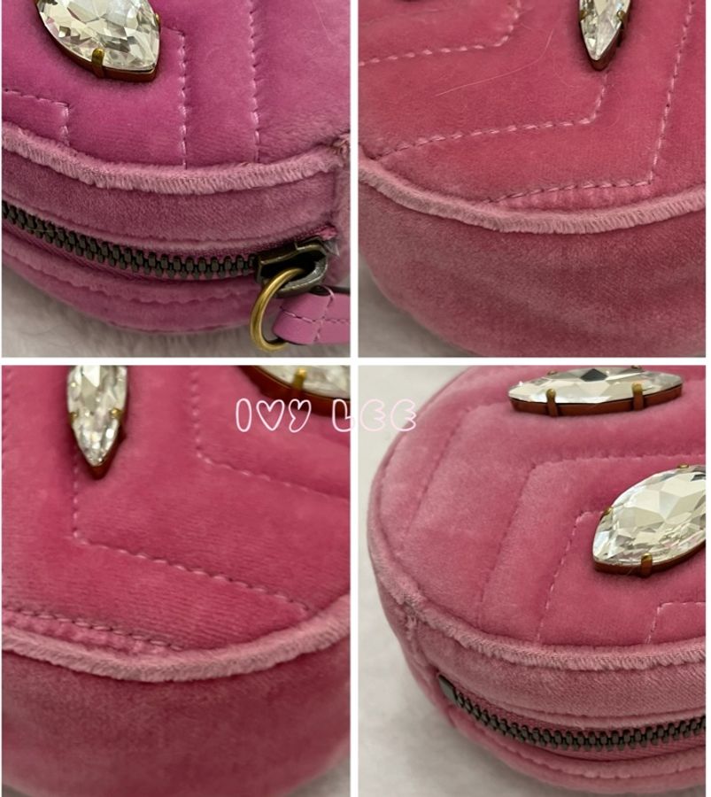 Gucci GG Marmont 胸包 腰包 粉色絲絨 水晶鑽飾 476434 正品 二手精品-13