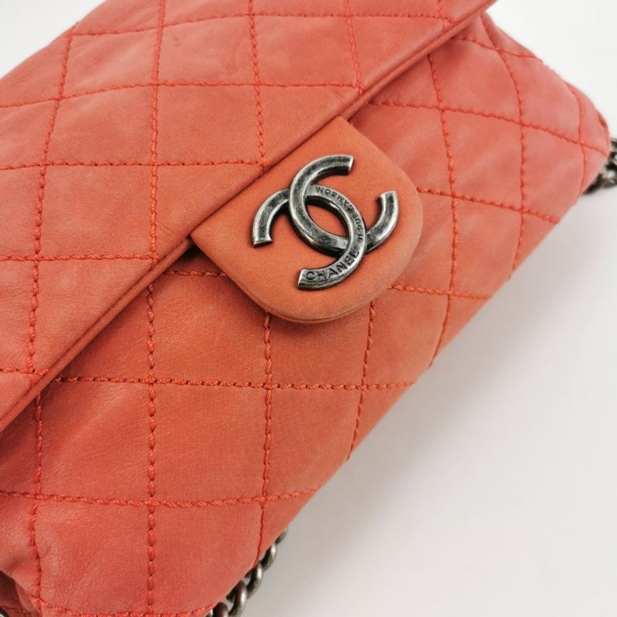 9❤Chanel 橘色磨砂皮菱格雙C翻蓋鏈條單肩包-11