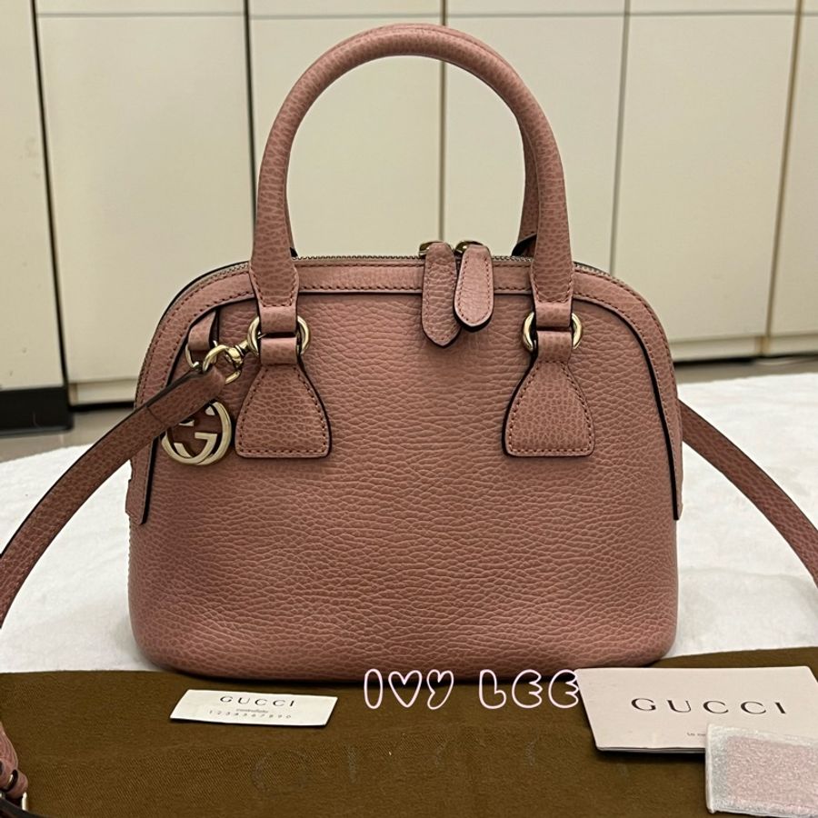 GUCCI古馳 粉色 牛皮手提包 斜背包 貝殼包 正品449661 二手精品-0