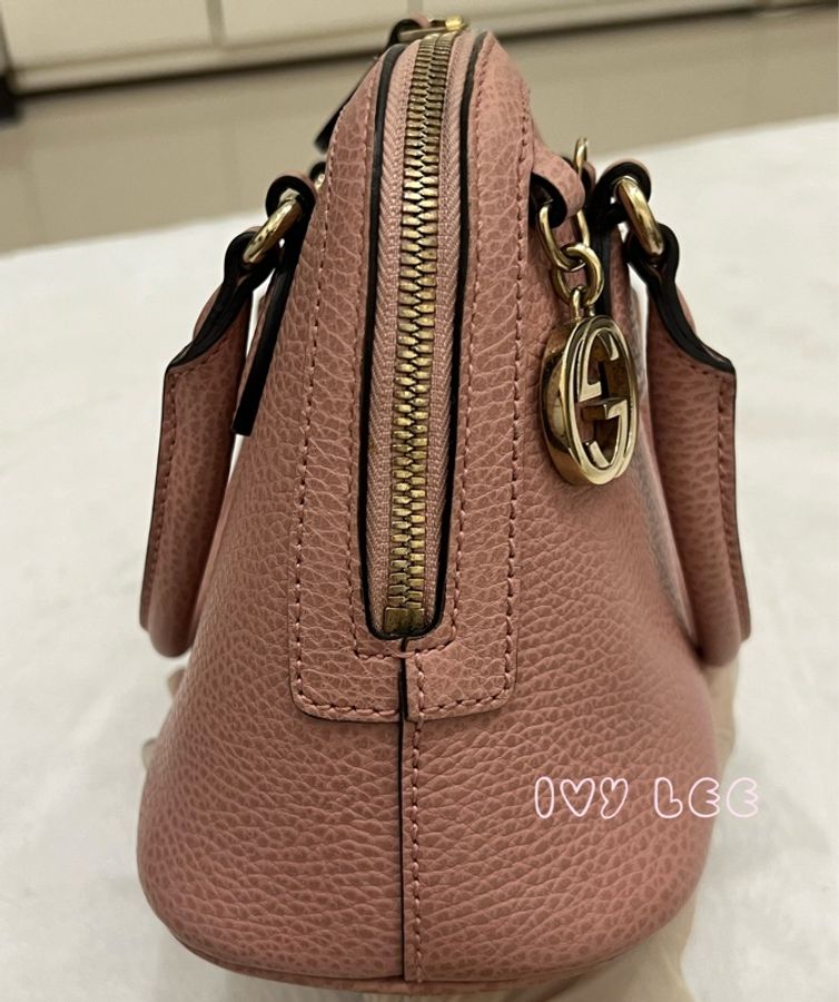GUCCI古馳 粉色 牛皮手提包 斜背包 貝殼包 正品449661 二手精品-3