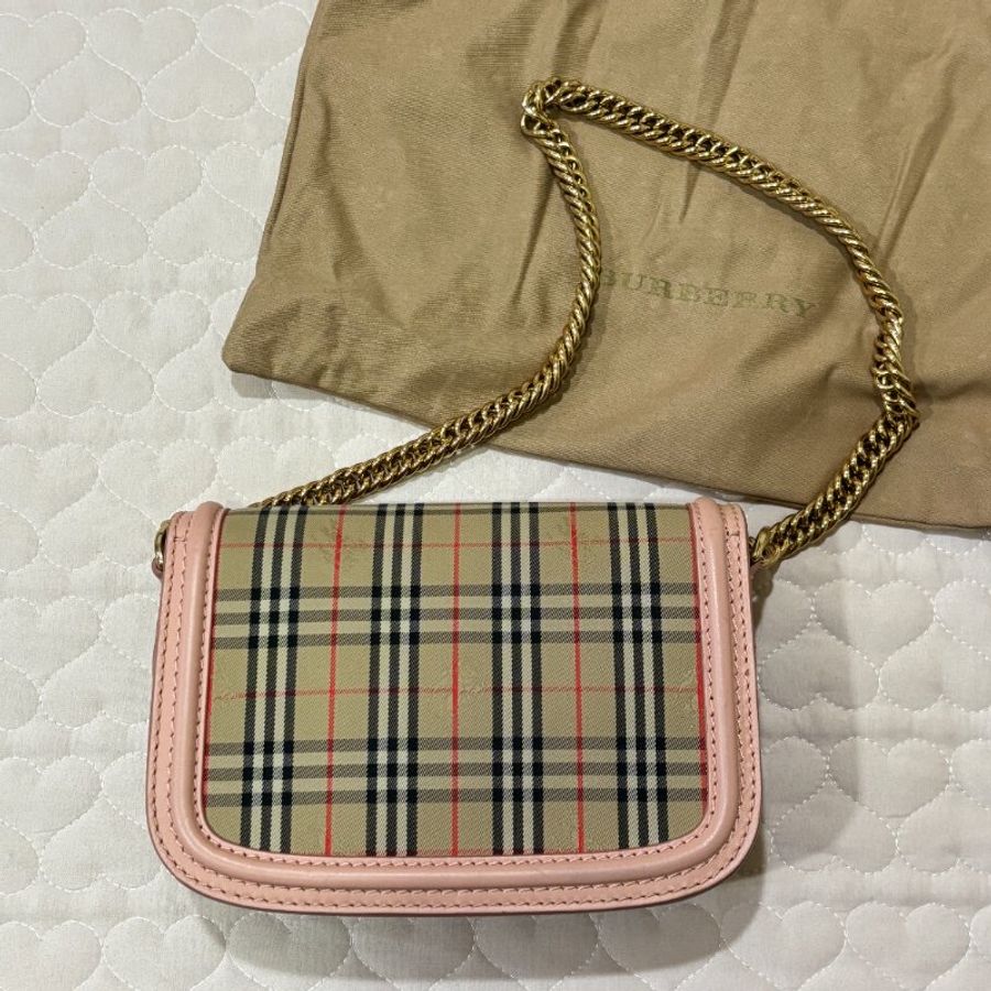 BURBERRY 少見 經典1983 格紋鏈條包 馬鞍包 蜜桃粉-4