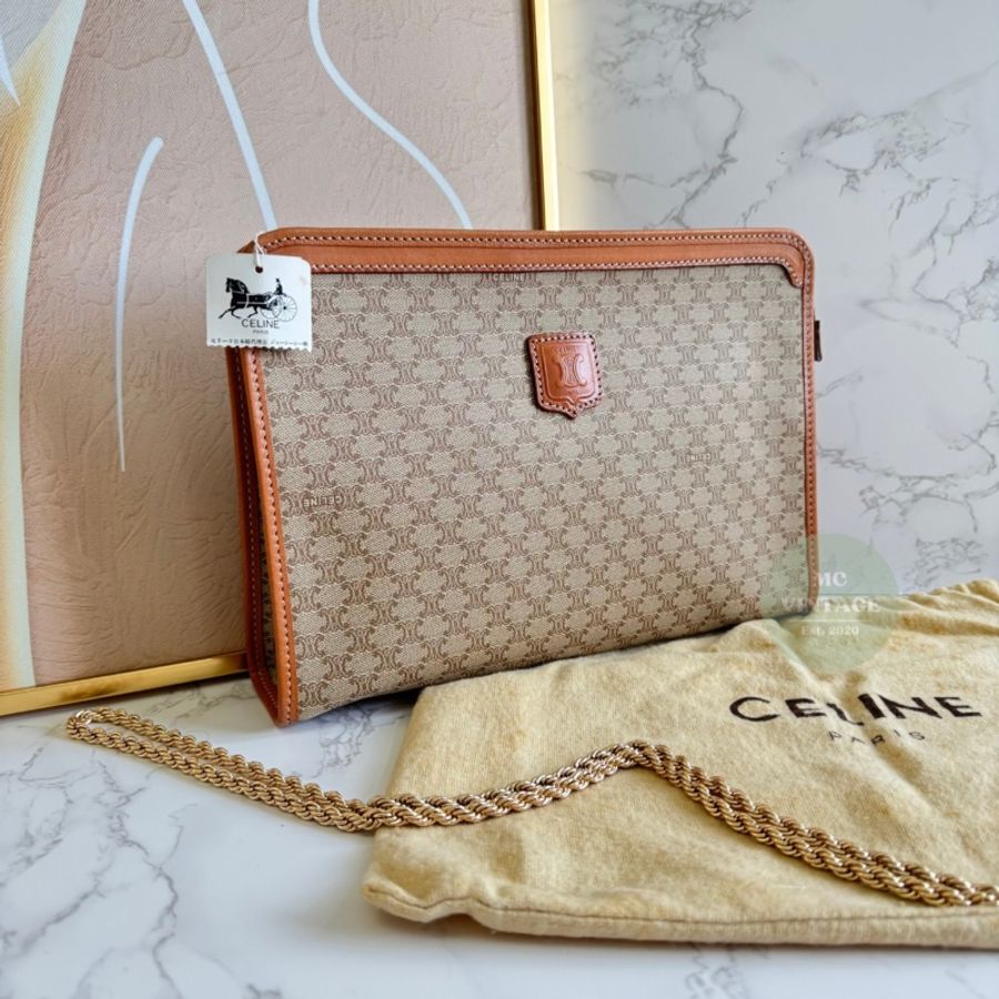 CELINE Vintage Macadam Clutch 中古 全新 未使用 奶茶色 老花 手拿包-0
