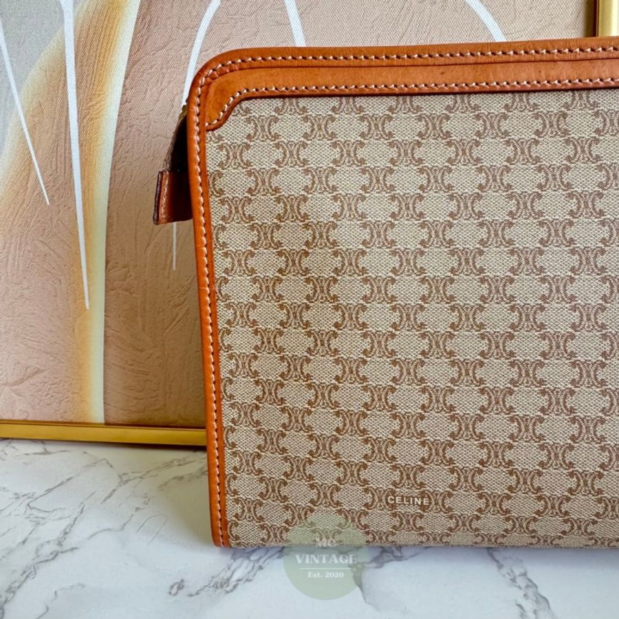 CELINE Vintage Macadam Clutch 中古 全新 未使用 奶茶色 老花 手拿包-5