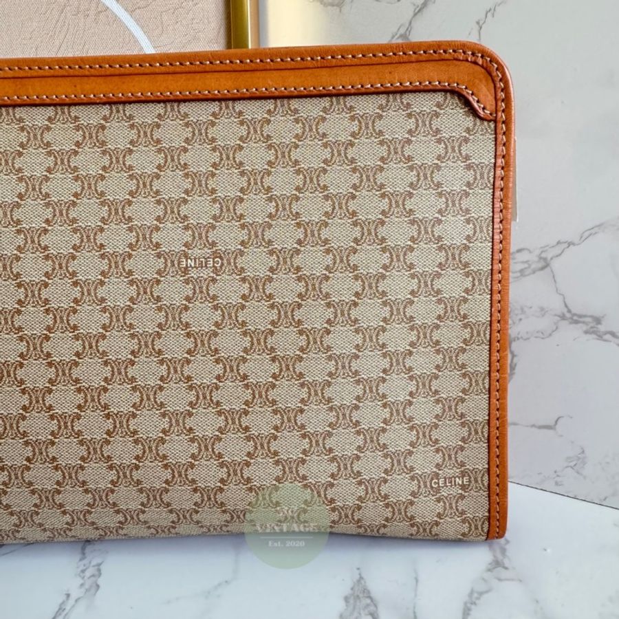 CELINE Vintage Macadam Clutch 中古 全新 未使用 奶茶色 老花 手拿包-6