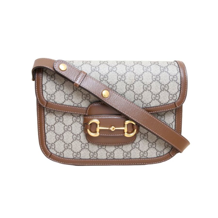 GUCCI(古馳) Horsebit 馬銜扣 1955 馬鞍包 小號 25 烏木色 帆布 金扣-0