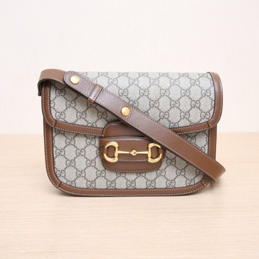 GUCCI(古馳) Horsebit 馬銜扣 1955 馬鞍包 小號 25 烏木色 帆布 金扣-2