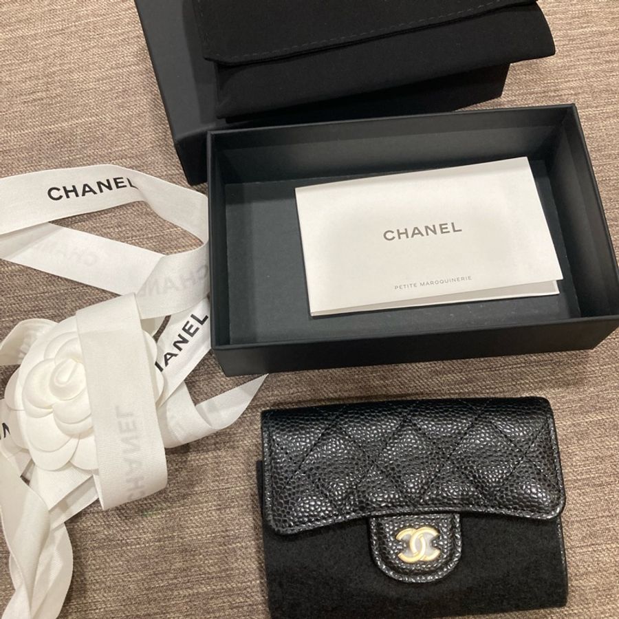 香奈兒chanel 黑色小皮件 荔枝皮 金扣 卡片 零錢 名片包 法國製-0