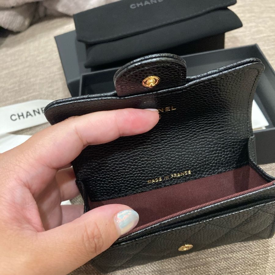 香奈兒chanel 黑色小皮件 荔枝皮 金扣 卡片 零錢 名片包 法國製-1