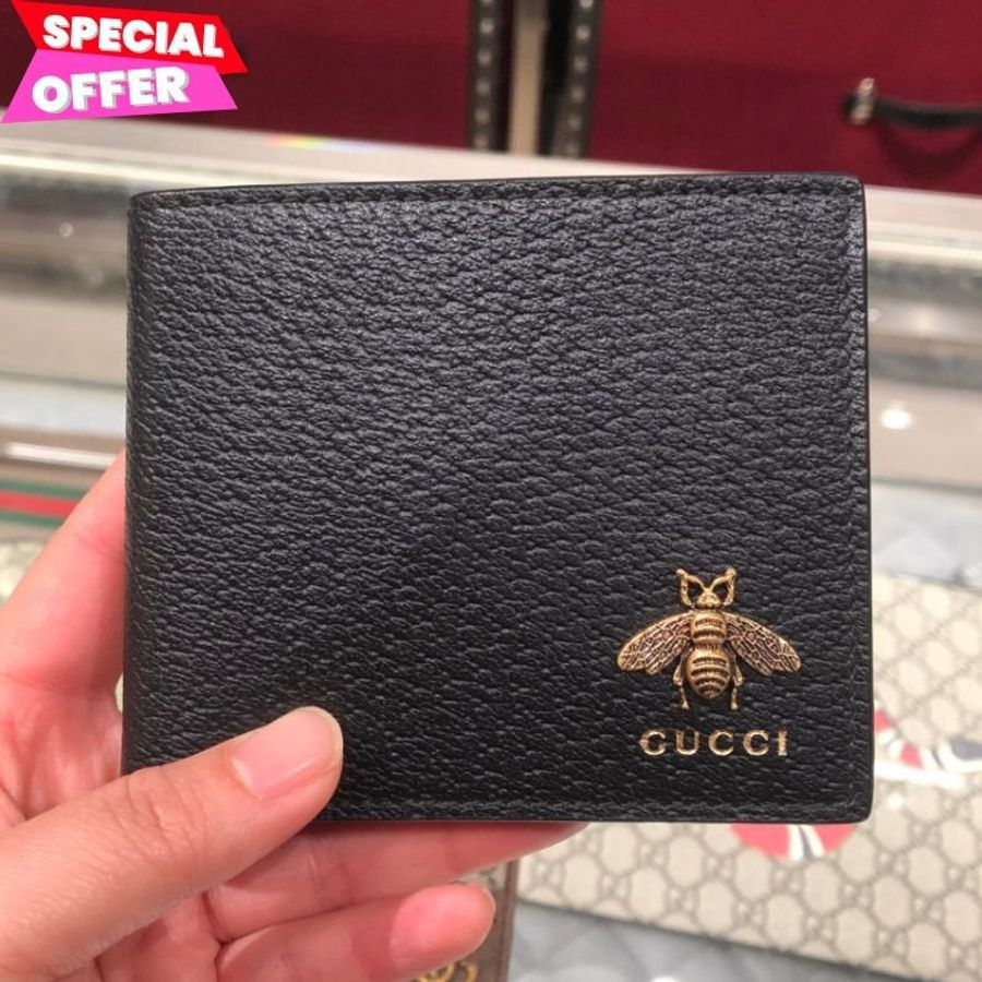 🎁特價🎁Gucci 523664 男款經典 Animalier 系列蜜蜂裝飾對開 8 卡牛皮短夾-0