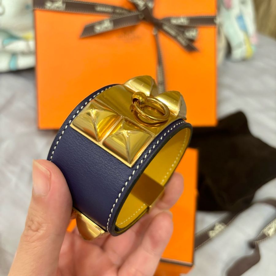 全新 愛馬仕hermes CDC 皮革手環 雙色 藍x黃x玫瑰金尺寸T3-2