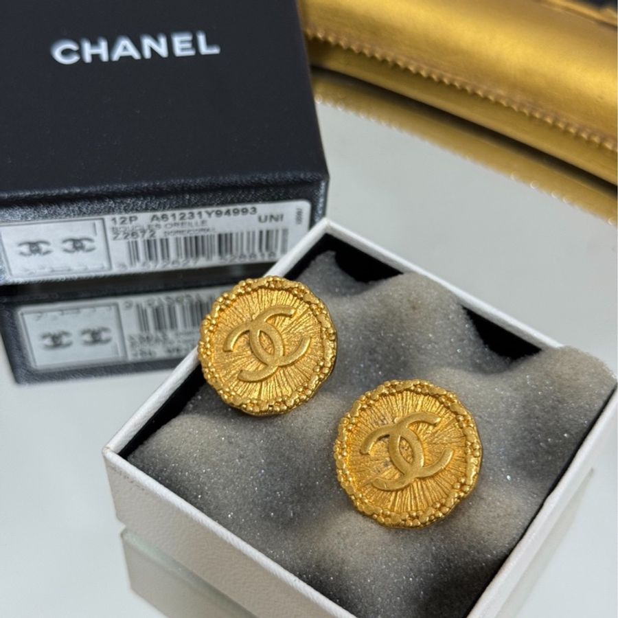 Chanel 香奈兒 Vintage 金色 圓形 麻花 圓餅 耳環 耳夾 耳飾 夾式耳環-0