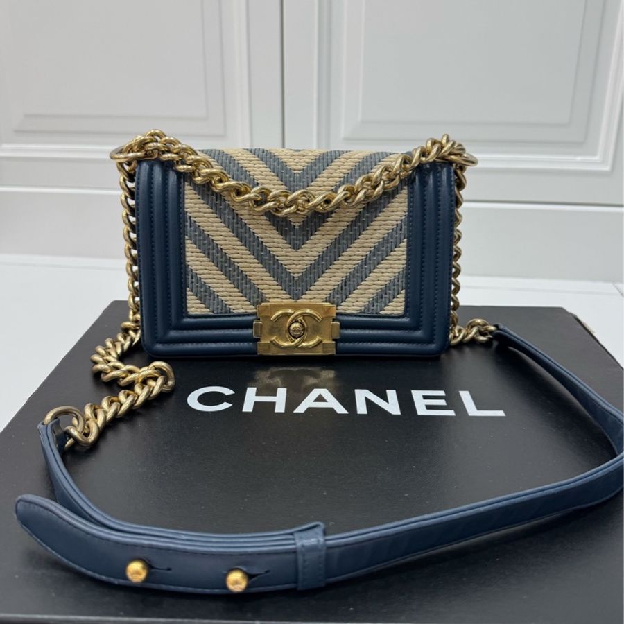 CHANEL 香奈兒 LE BOY 藍色 編織 v紋 斜背包 鍊條包 肩背包 側背包 手提包-1