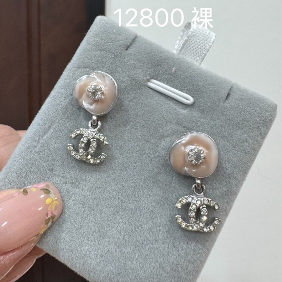 CHANEL 香奈兒 vintage 粉 山茶花 珍珠母貝 水鑽 墜式耳環 耳環 耳針 耳釘-5