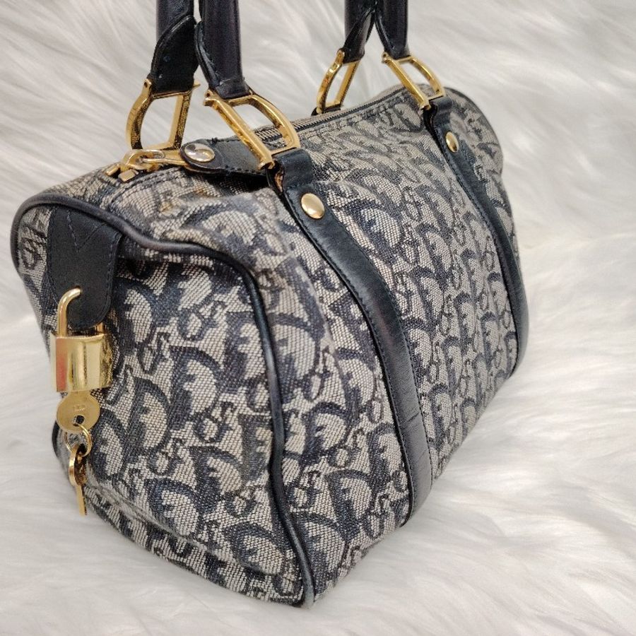 Dior 波士頓 藍色拼灰色 老花 牛皮拼帆布 小號-2