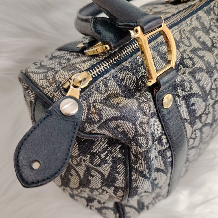 Dior 波士頓 藍色拼灰色 老花 牛皮拼帆布 小號-3
