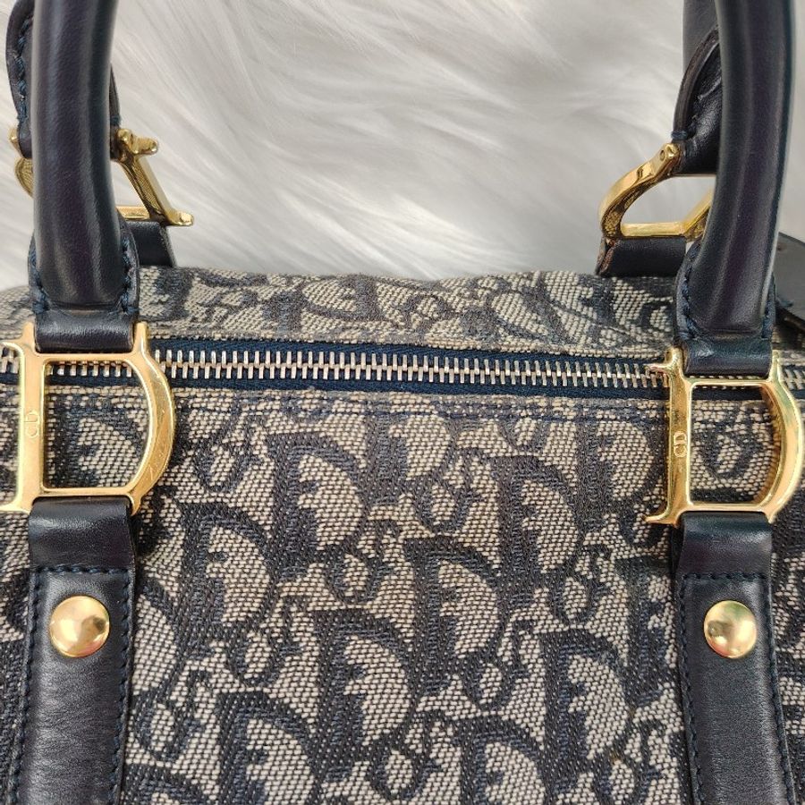 Dior 波士頓 藍色拼灰色 老花 牛皮拼帆布 小號-5