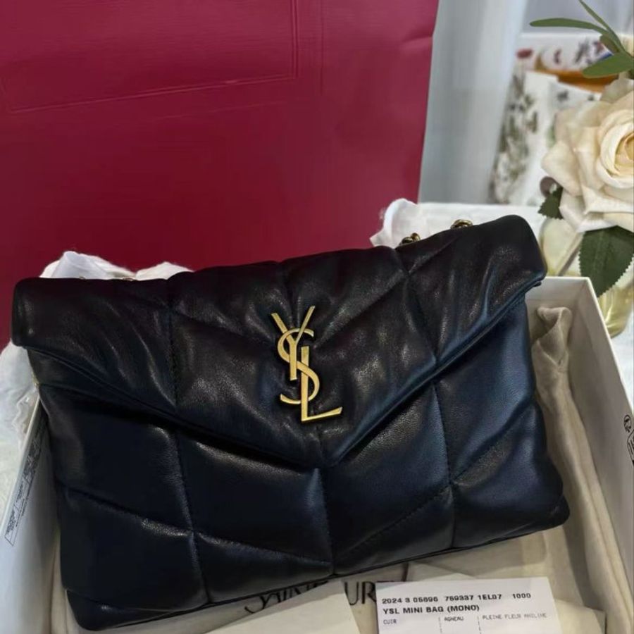 YSL LOULOU PUFFER 黑金羊皮mini雲朵包23*15.5*8.5  99新配件塵袋-1