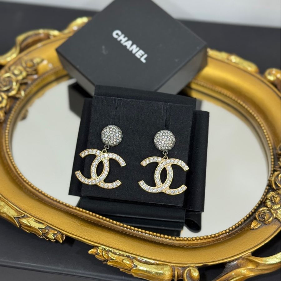 CHANEL 香奈兒 水鑽 大雙C 耳環 耳針 耳釘 墜式耳環 耳飾-0