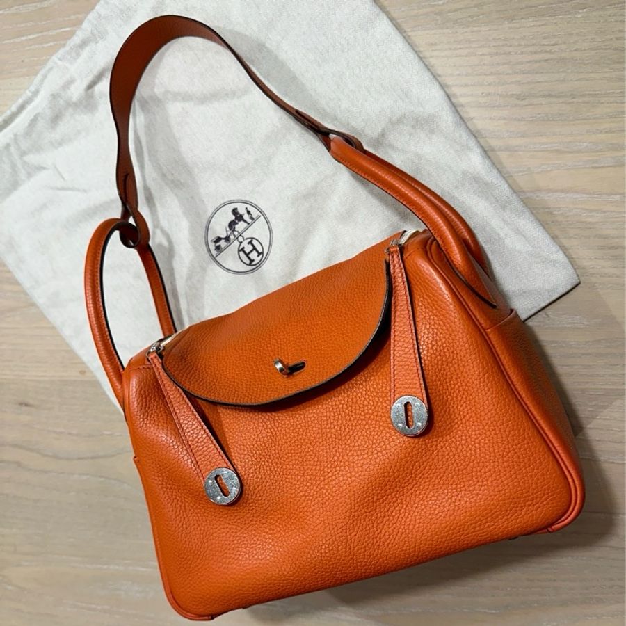Hermès Lindy 30 愛馬仕 橘 銀扣 肩背包 TC皮 X刻-6