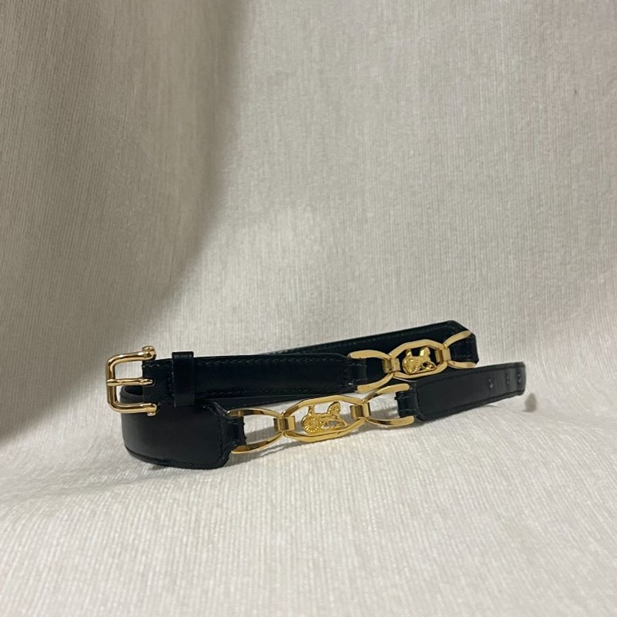 Celine稀有黑色皮帶金色馬車皮帶腰帶 日本中古Vintage-1
