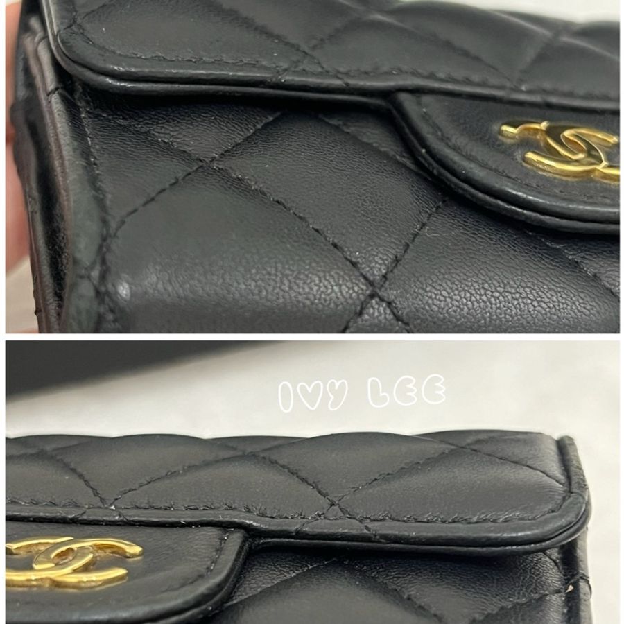 Chanel 香奈兒 黑雙C logo羊皮釦式零錢包 卡片夾AP0214 正品 二手精品-9