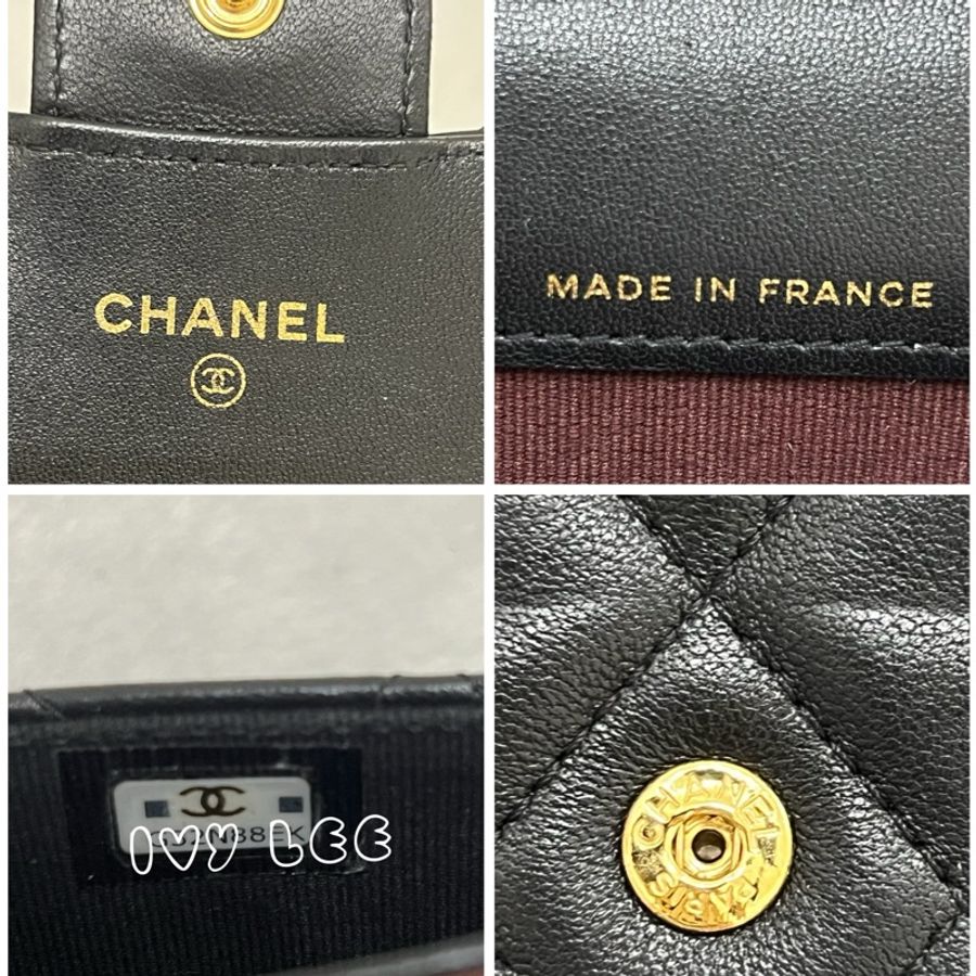 Chanel 香奈兒 黑雙C logo羊皮釦式零錢包 卡片夾AP0214 正品 二手精品-14