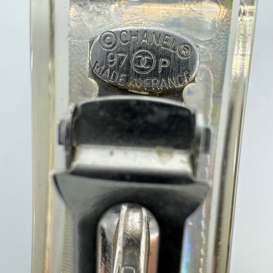 Chanel Vintage 97P幻彩樹脂銀色五個CC Logo髮夾-14