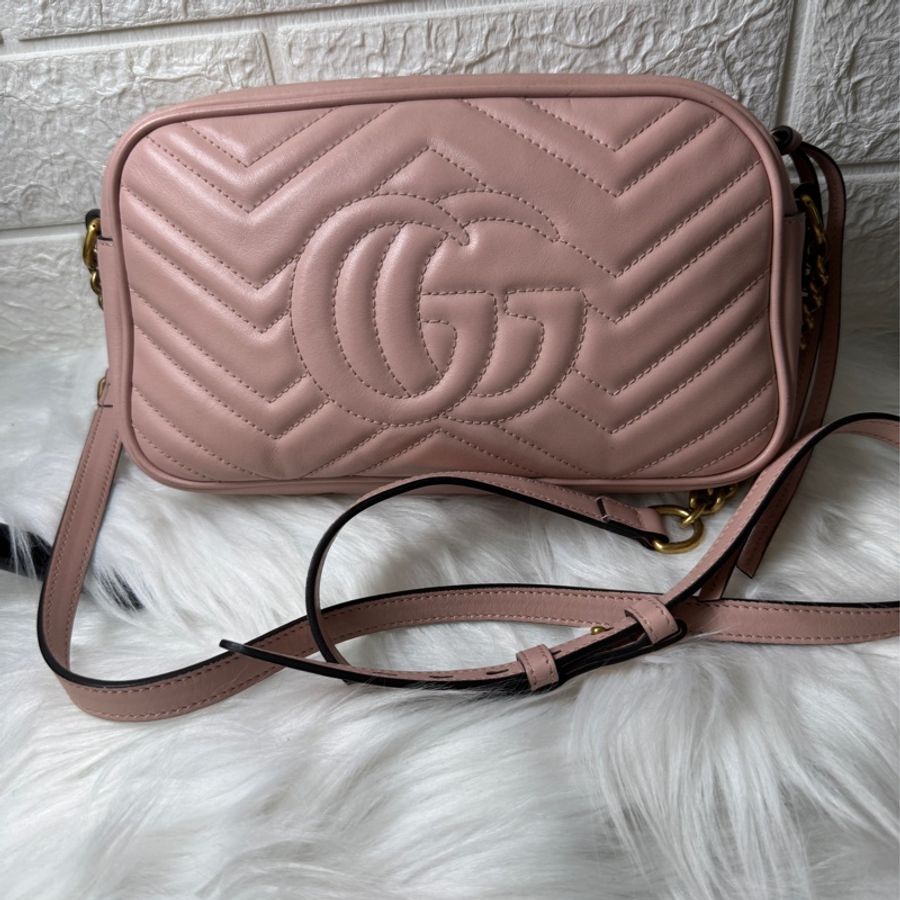 GUCCI 粉色全皮馬孟斜背包24CM-1
