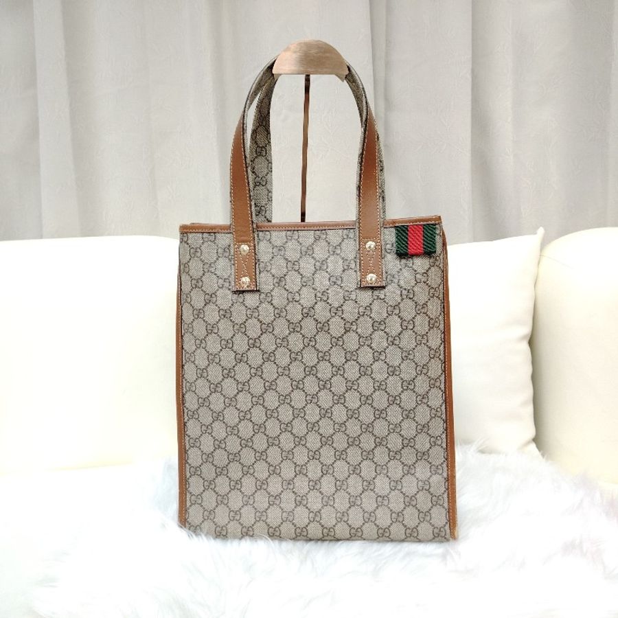 GUCCI Signature 咖啡色拼鳥木色 老花 塗層帆布 小號 豎版-0