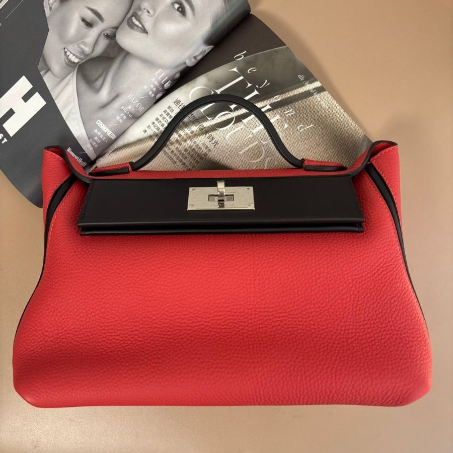 ::HERMES:: D刻番茄紅色拼接黑皮革24/24手提兩用包29-0