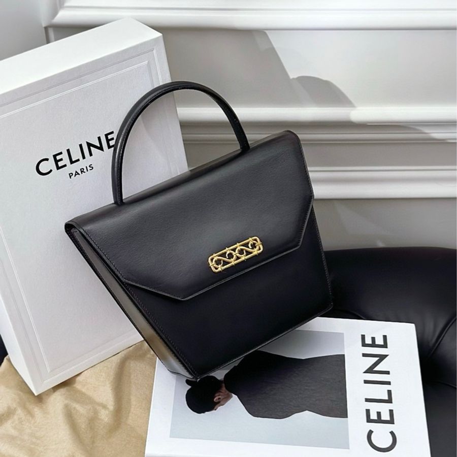 CELINE 黑金扣手提包 箱皮 復古優雅-1