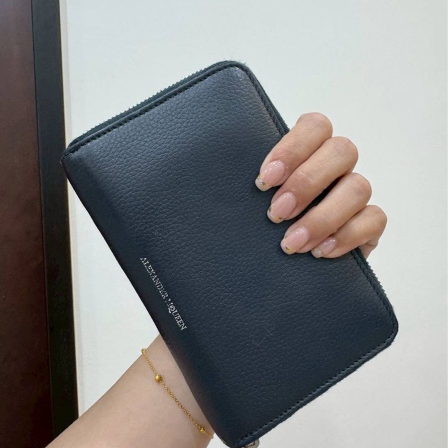 Alexander McQueen 哭魯頭 水晶 深藍 牛皮 中夾 皮夾 錢包 錢夾 卡夾 零錢包 卡包 長夾-3