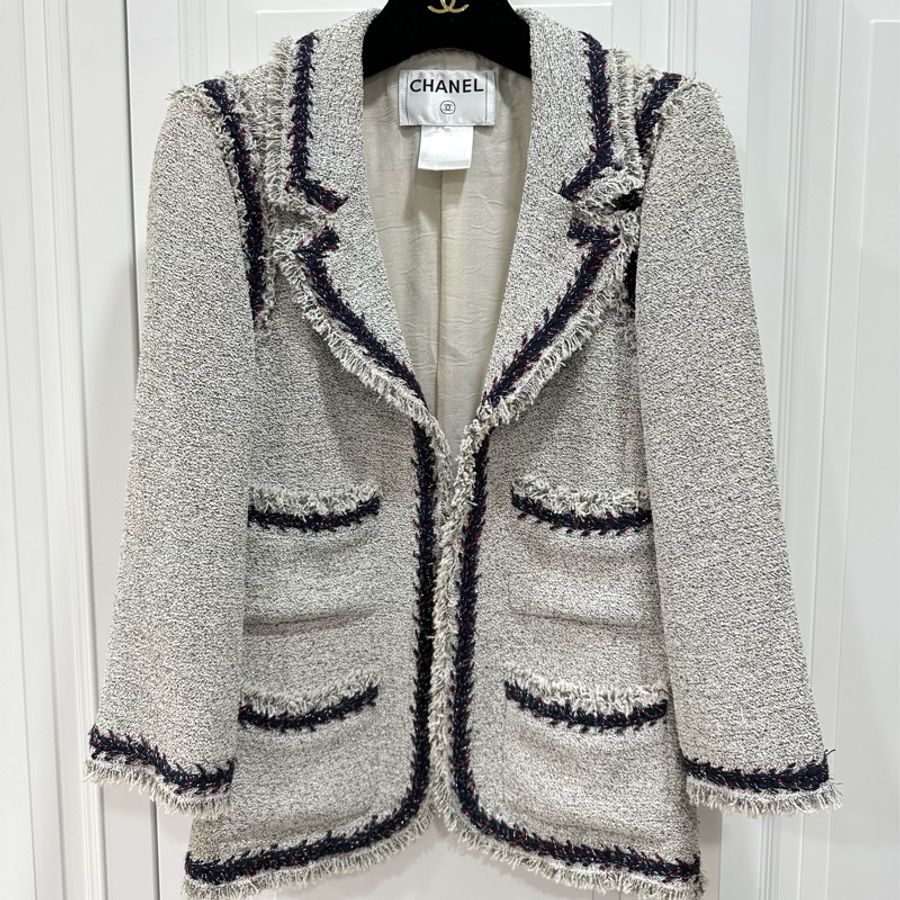 CHANEL 香奈兒 銀線 花邊 斜紋 軟呢 外套 西裝外套-0