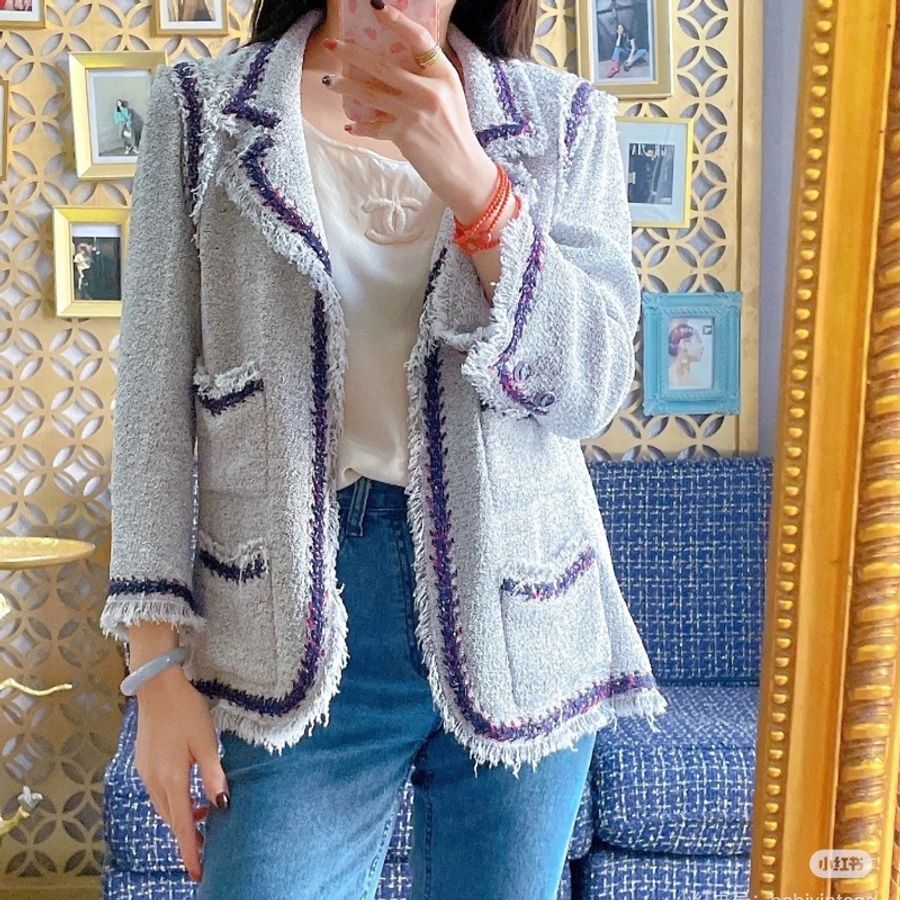 CHANEL 香奈兒 銀線 花邊 斜紋 軟呢 外套 西裝外套-3