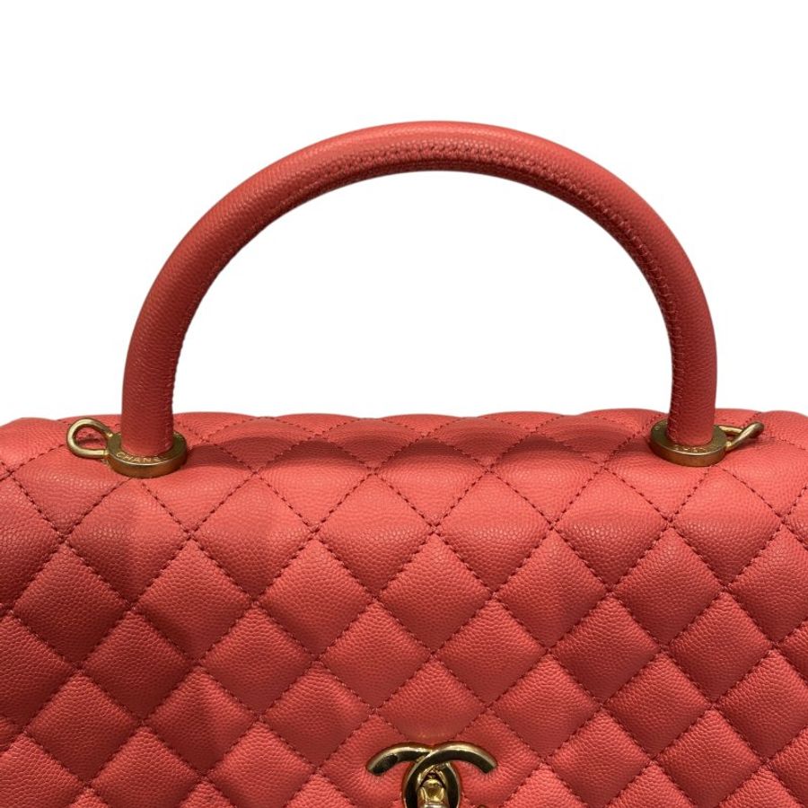 CHANEL 香奈兒 COCO HANDLE MEDIUM 荔枝牛皮 手提包 珊瑚粉色-13