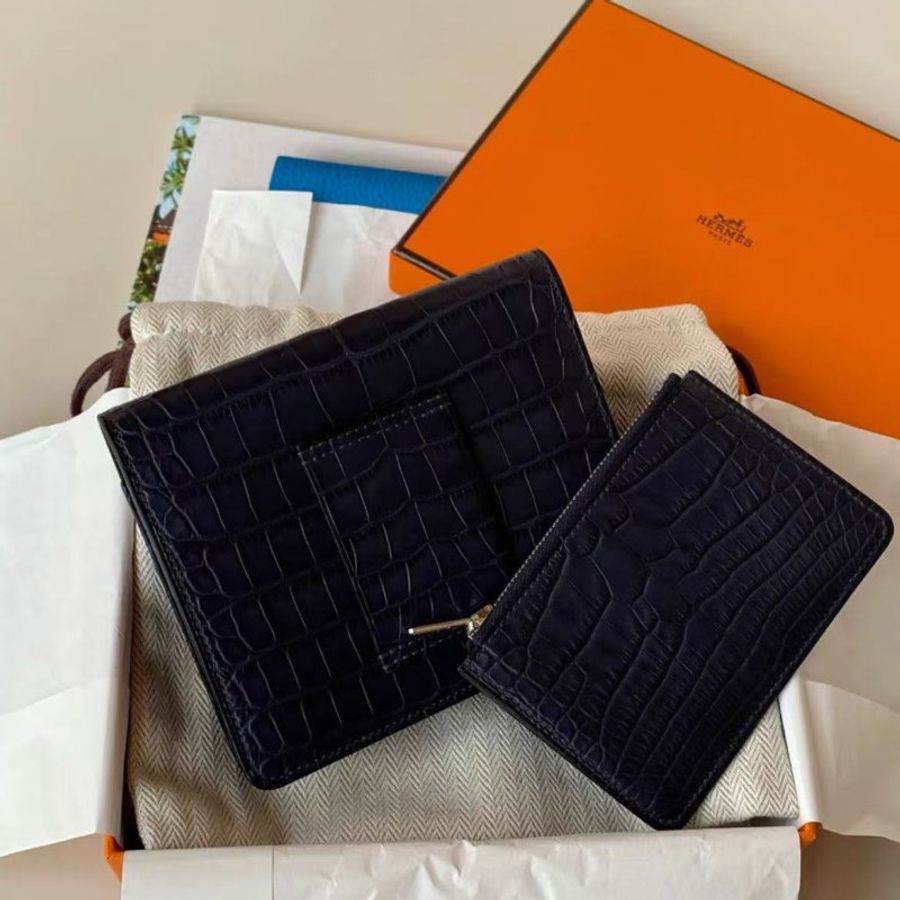 ✨hermes 湛藍色銀扣roulis slim豬鼻子腰包零錢包 12.4*10.2*3cm 全新配件塵袋盒子吊牌鱷魚證-1