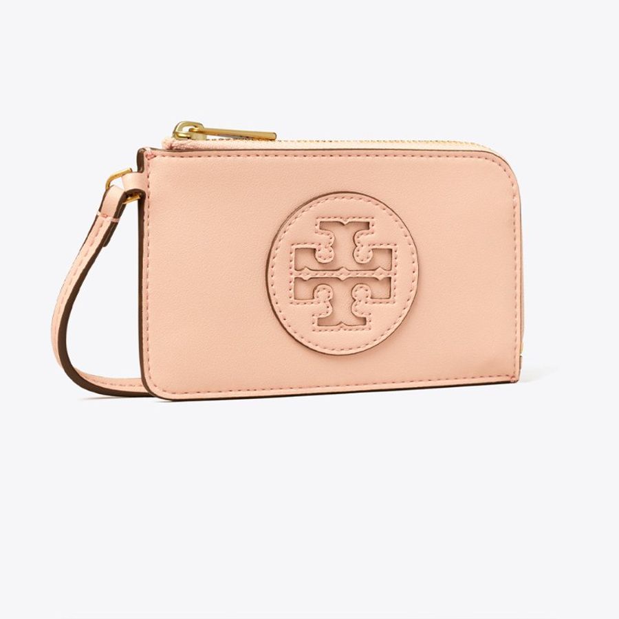 【TORY BURCH】專櫃經典款 Ella圓形皮標LOGO牛皮4卡拉鍊腕帶卡夾零錢包-0