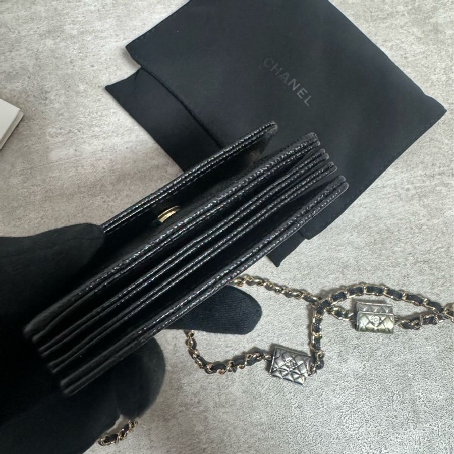 正品 Chanel 限量款荔枝皮黑金斜背小包-2