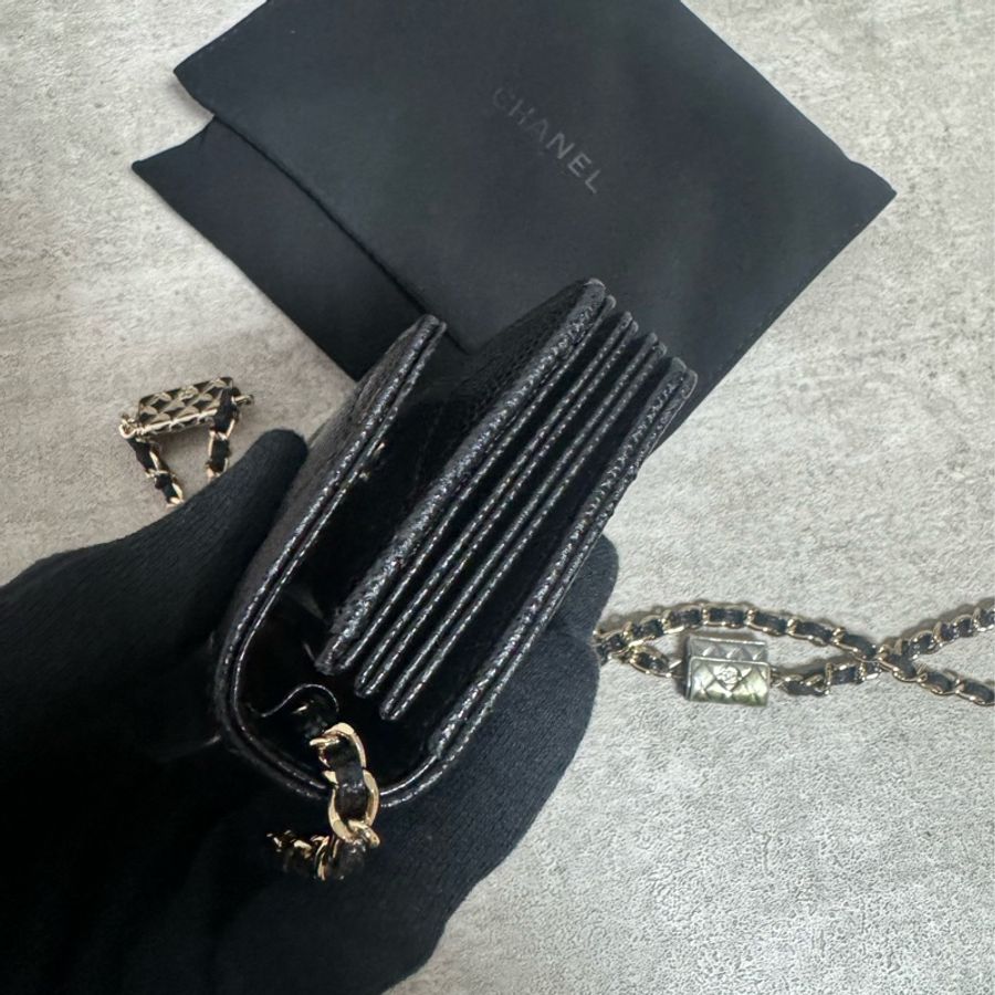 正品 Chanel 限量款荔枝皮黑金斜背小包-9