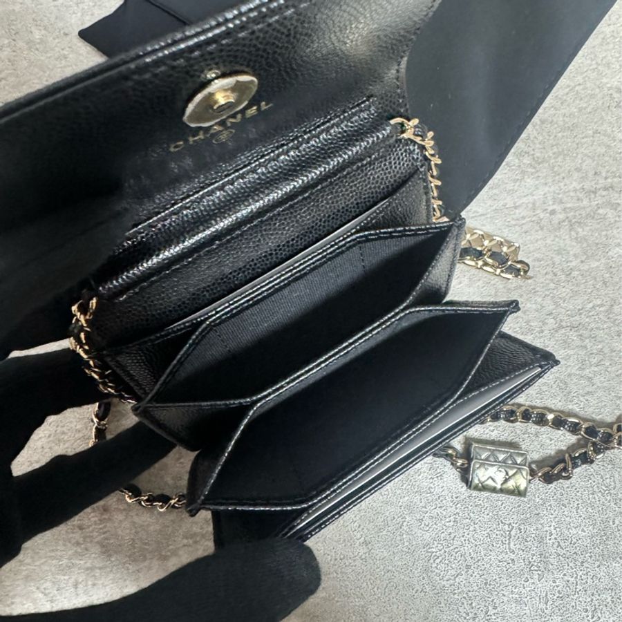 正品 Chanel 限量款荔枝皮黑金斜背小包-10