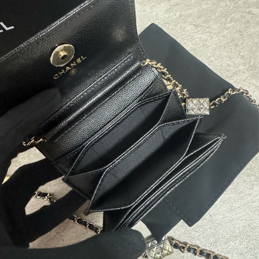 正品 Chanel 限量款荔枝皮黑金斜背小包-12