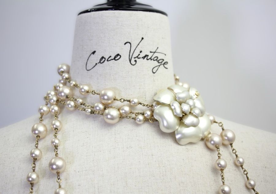 Chanel Vintage 02A仿珍珠白色山茶花長頸鏈-3