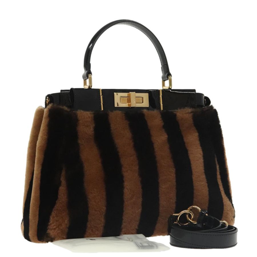 【日本直送】FENDI Pecan Peek A Boo 常規手提包 Mouton 2way 黑色棕色 Auth 101314SV-0