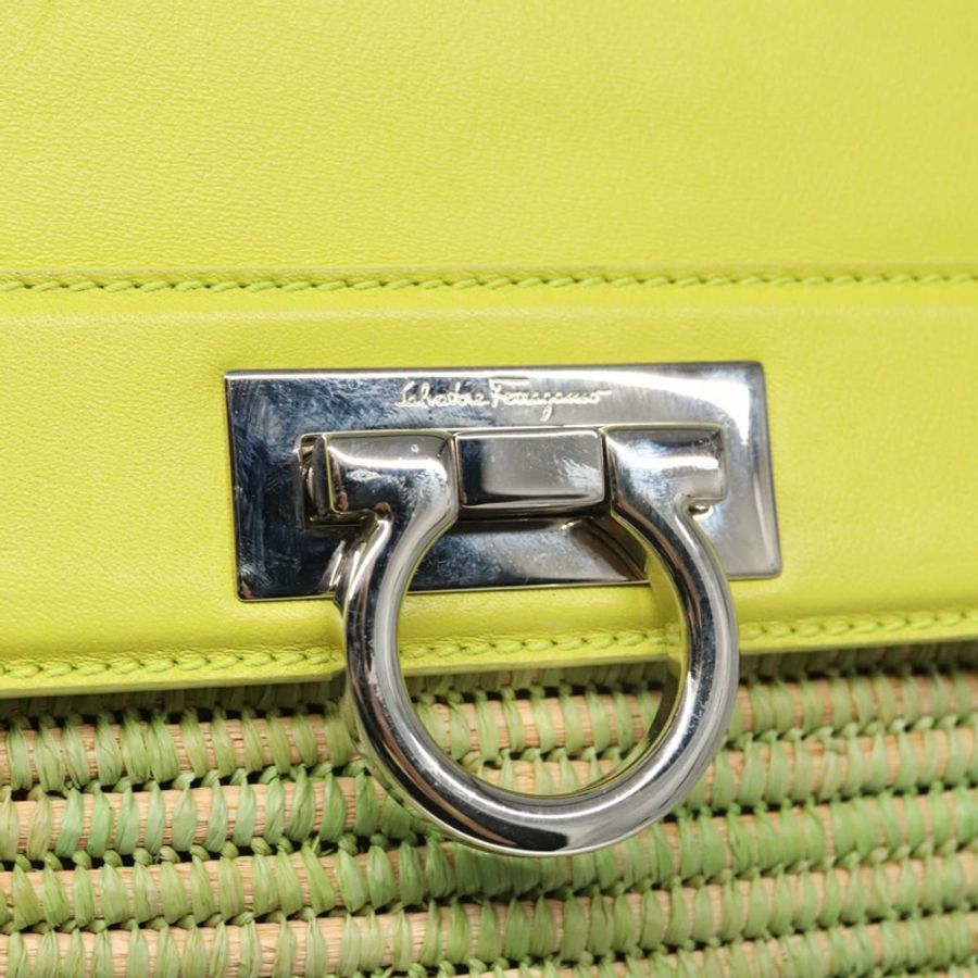 【日本直送】Salvatore Ferragamo Sofia Gancini 手提包 草編皮革 2way 綠色 Auth 103207V-17