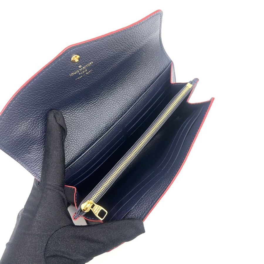 LV 海軍藍牛皮拼紅邊Sarah金釦下蓋16卡長夾 M62125-8