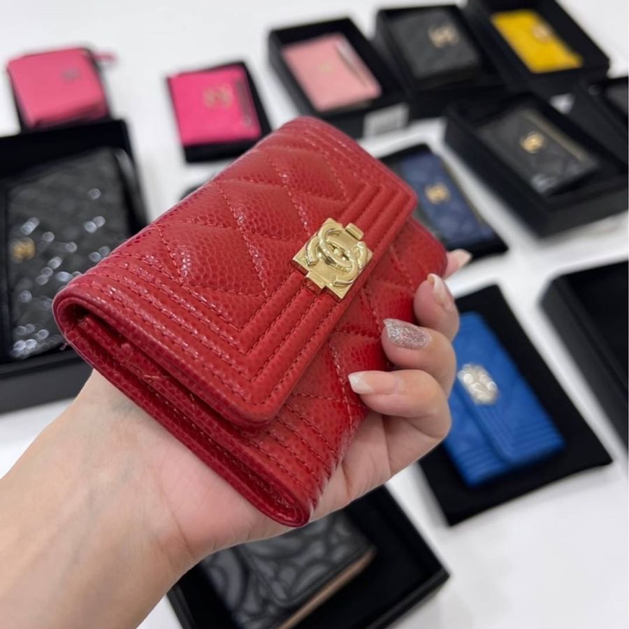 chanel香奈兒 紅 荔枝金🐮皮 零錢包 信用卡夾 卡夾 卡包 短夾-3