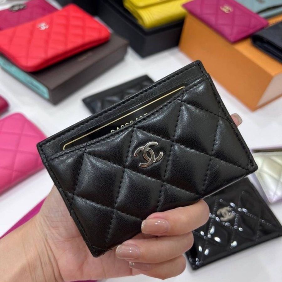 chanel 香奈兒 黑銀 羊皮 卡夾 信用卡卡夾 皮夾 卡包 名片夾-0