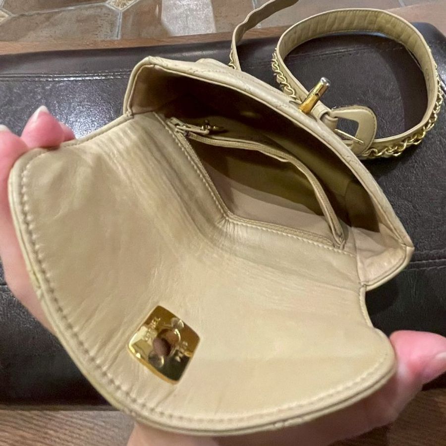 vintage CHANEL 古董香奈兒 米黃色菱格紋腰包 翻蓋包 小廢包 小方包-9
