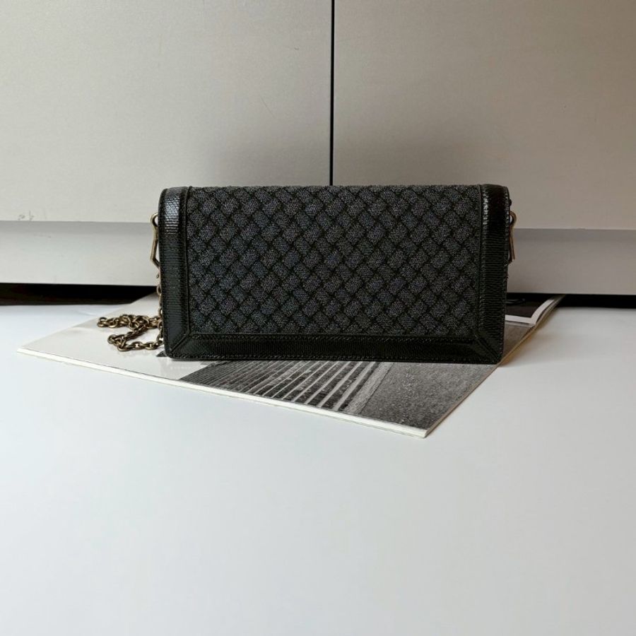 Bottega Veneta 黑皮革邊灰布蓋 古銅鍊帶小包-0
